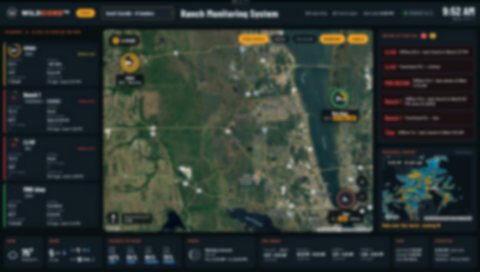 WildCore Ranch Monitoring System on a lodge TV: ranch map with feeders, alerts, radar and weather